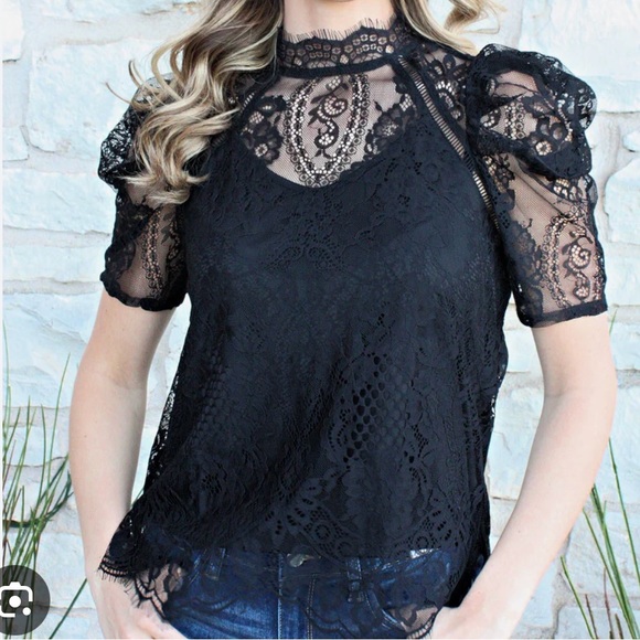 Sweet Lovely By Jen Tops - Chic Black Lace Blouse with Puff Sleeves, perfect date night!